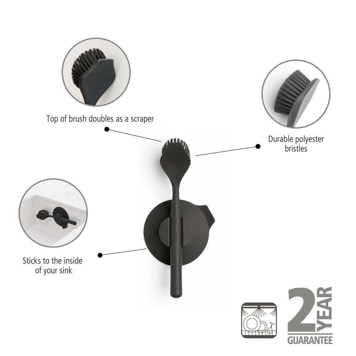 Dish Brush with Suction Cup Holder - Dark Grey