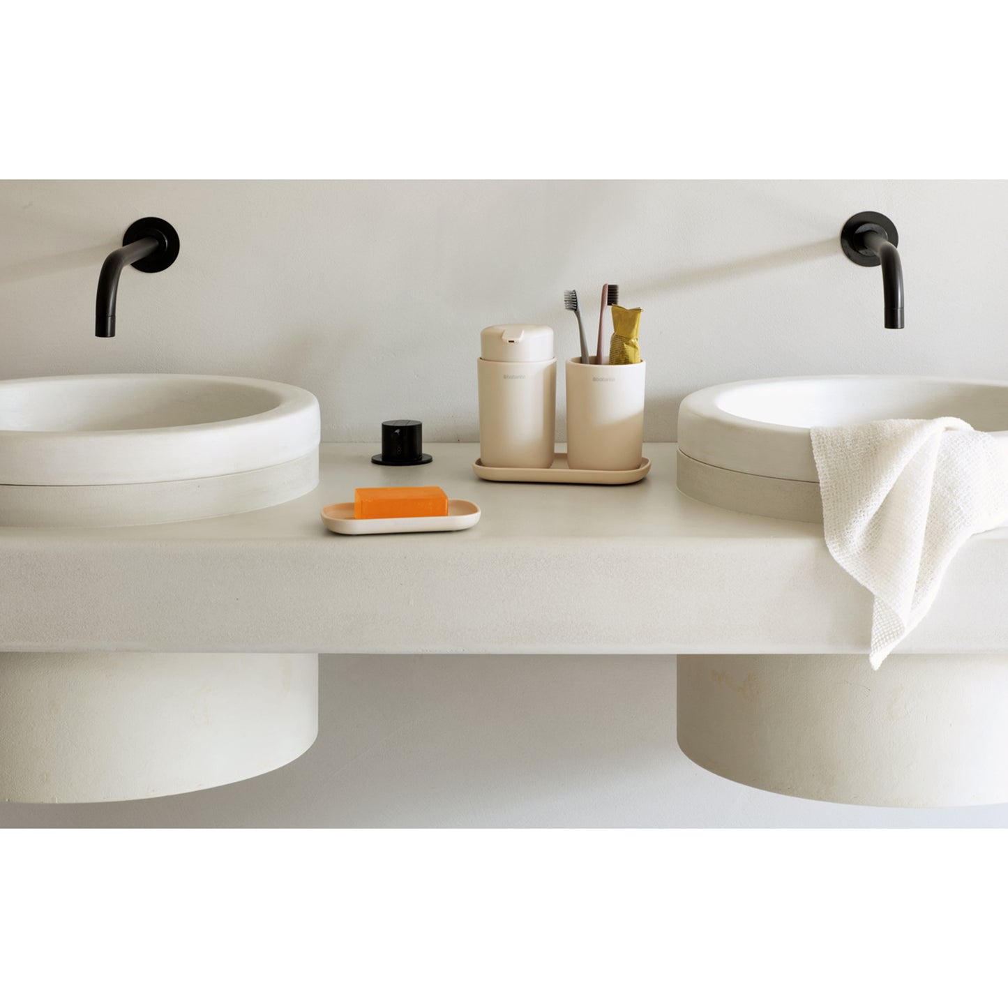 ReNew Bathroom Accessory Set - soap dispenser, toothbrush holder and tray - Soft Beige