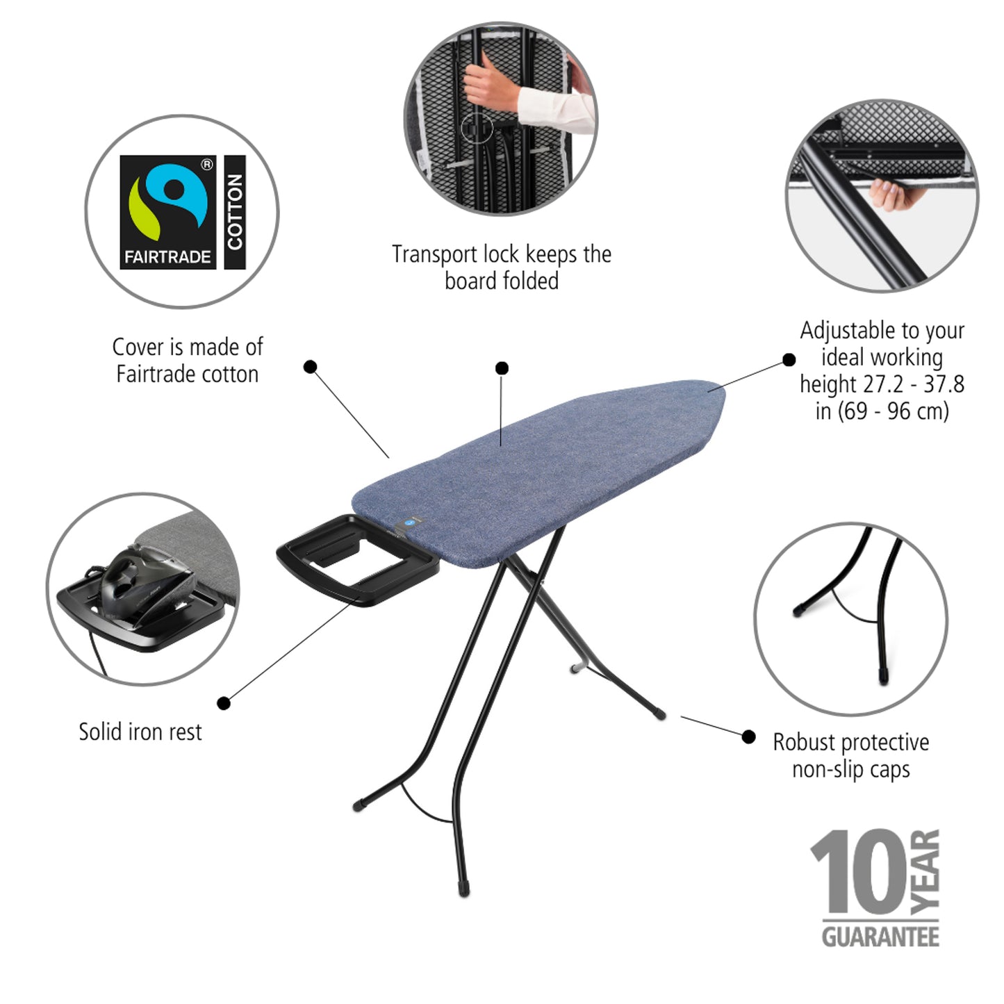Ironing Board 124x45cm (C) Solid Steam Iron Rest - Denim Blue