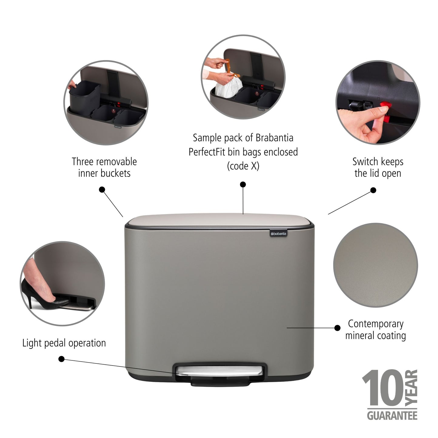 Bo Pedal Bin 3 x 11 litre - Mineral Concrete Grey