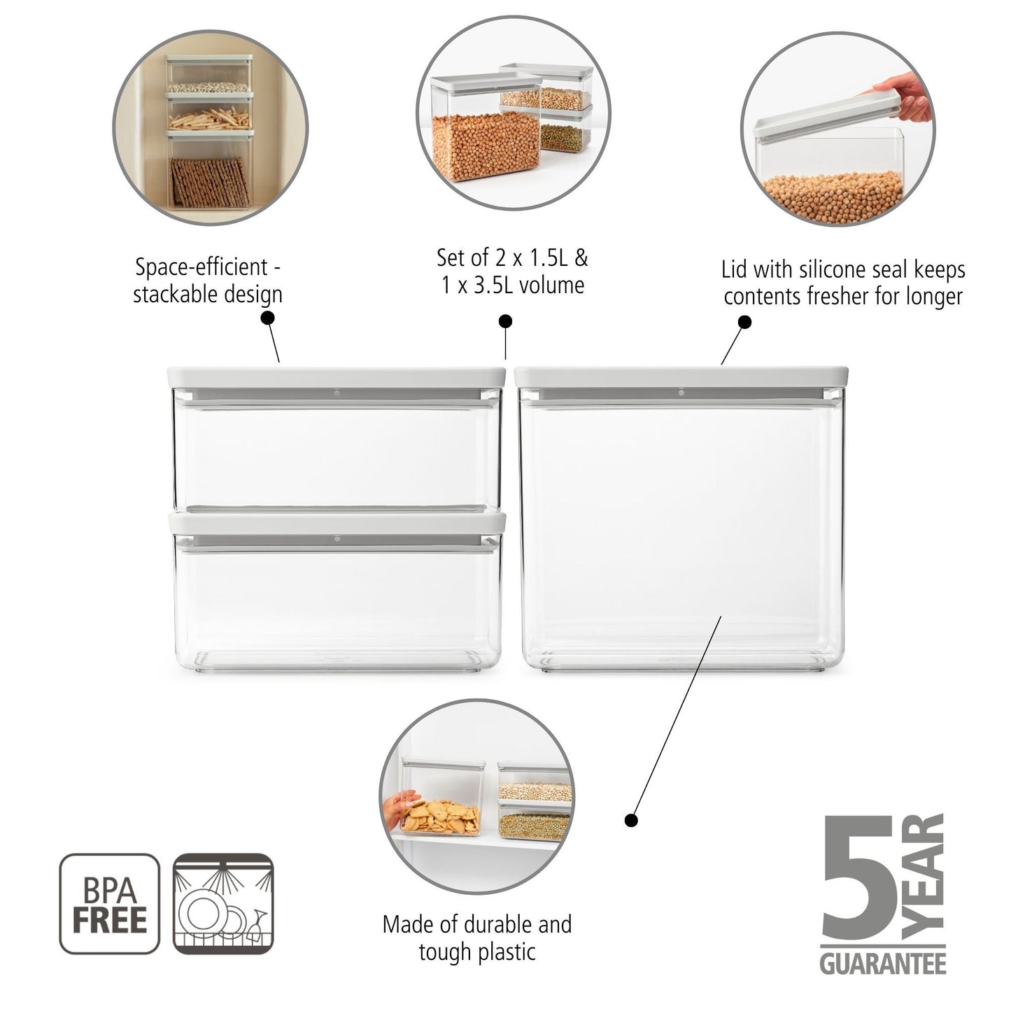 Tasty+ Stackable Canister, Set of 3 (2 x 1.5 litre and 1 x 3.5 litre) - Light Grey