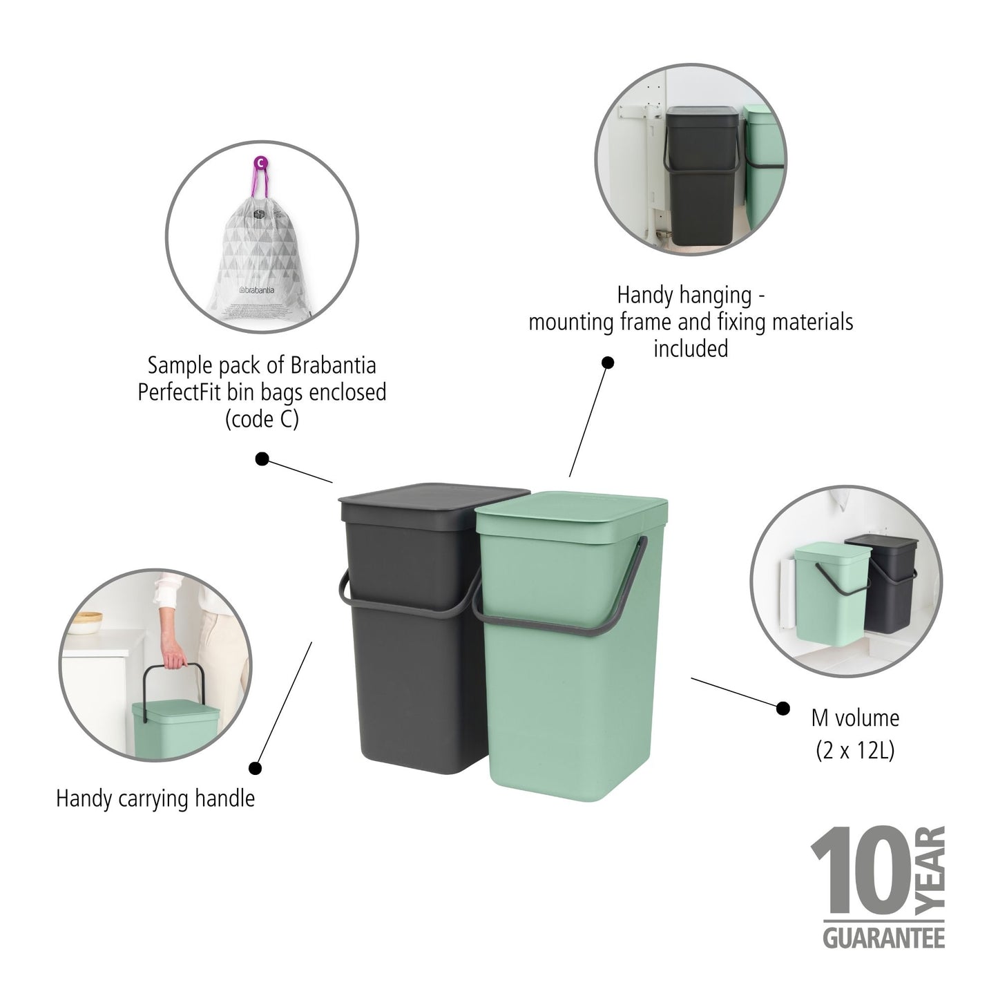 Sort & Go Built in Bin 2 x 12 litre - Dark Grey and Jade Green
