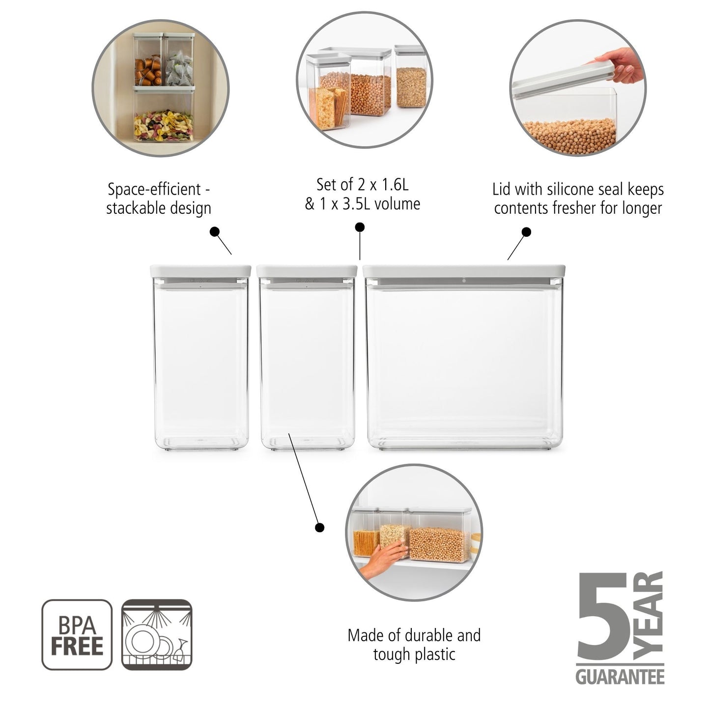 Tasty+ Stackable Canister, Set of 3 (2 x 1.6 litre and 1 x 3.5 litre) - Light Grey