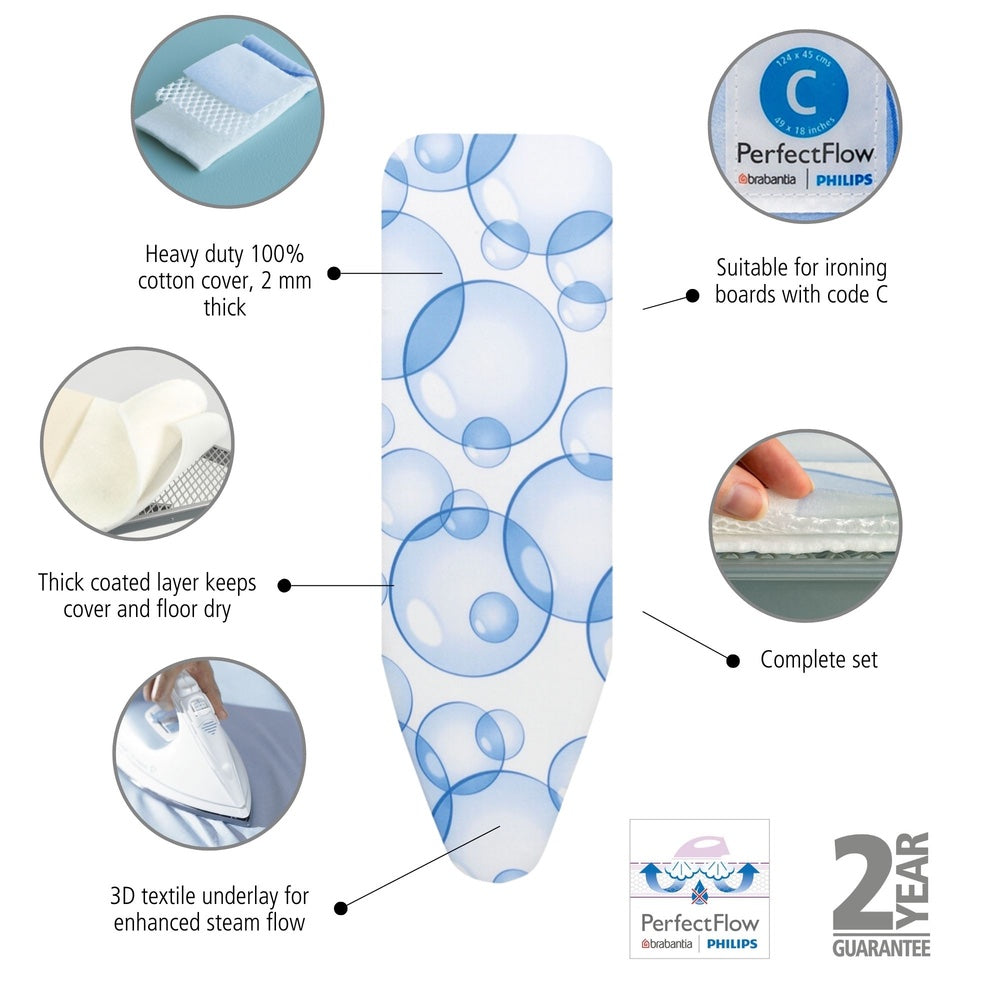 Ironing Board Cover (C) 124x45cm, Complete Set PerfectFlow - Bubbles
