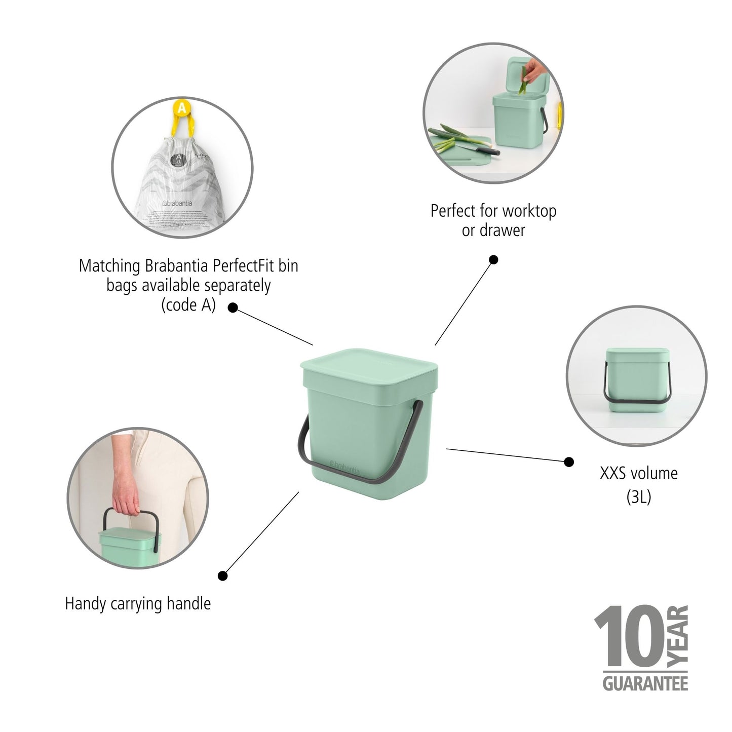 Sort & Go Waste Bin 3 litre - Jade Green