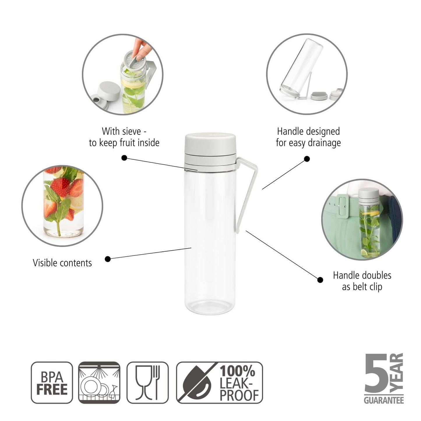 Make & Take Water Bottle with Strainer, 500ml - Light Grey
