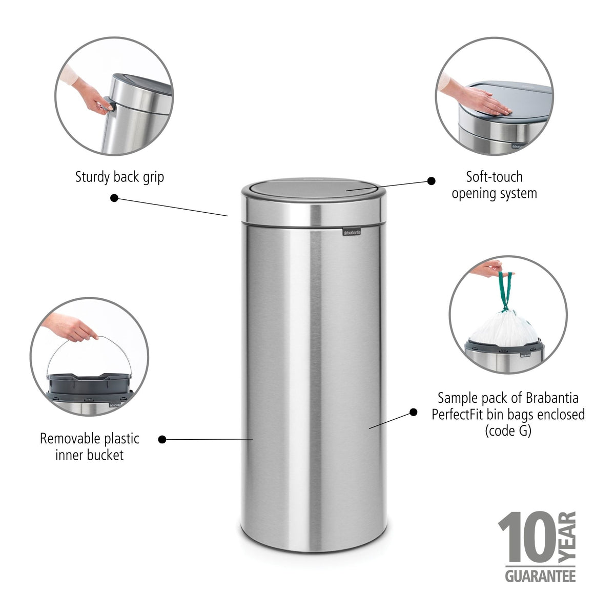 Touch Bin New 30 Litre - Fingerprint Proof Matt Steel