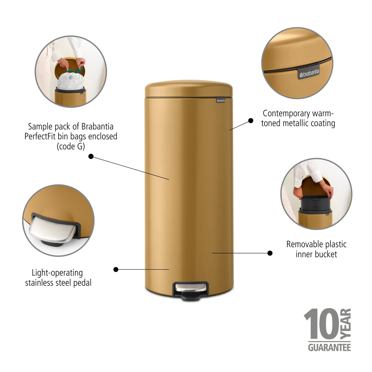 NewIcon Pedal Bin, 30 litre, Soft Closing, Plastic Inner Bucket - Warm Gold