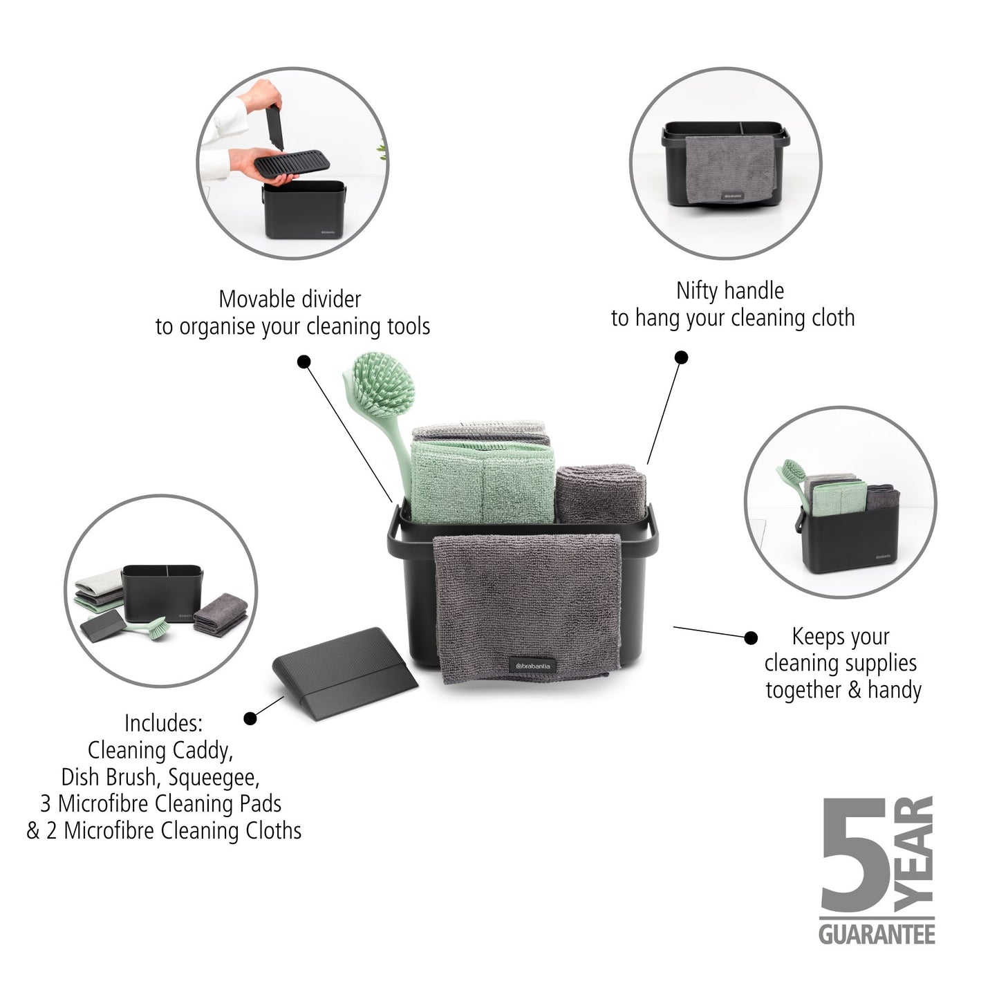 SinkSide Cleaning Set Cleaning Caddy Dish Brush Squeegee 3 Microfibre Cleaning Pads and 2 Microfibre Cleaning Cloths