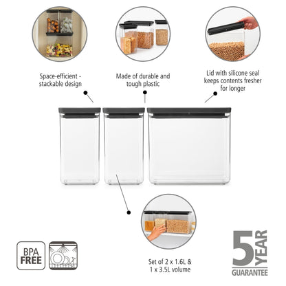 Tasty+ Stackable Canister, Set of 3 (2 x 1.6 litre and 1 x 3.5 litre) - Dark Grey