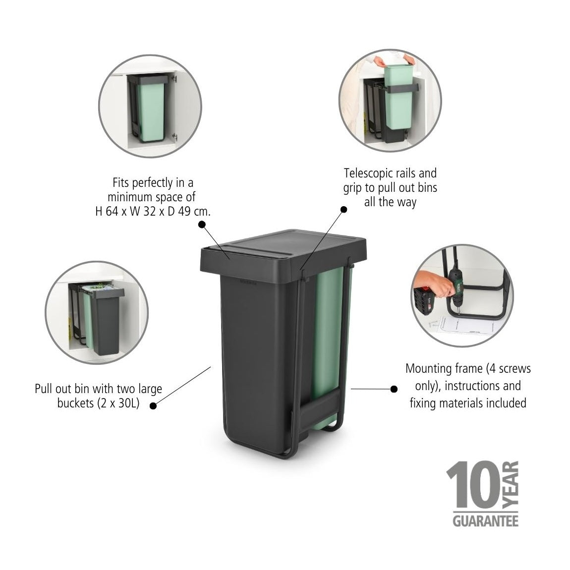 Sort & Go Built-In Waste Bin 2 x 30 litre - Dark Grey and Jade Green