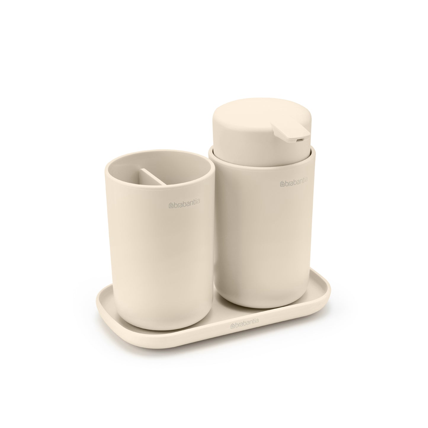 ReNew Bathroom Accessory Set - soap dispenser, toothbrush holder and tray - Soft Beige