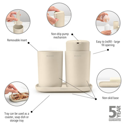 ReNew Bathroom Accessory Set - soap dispenser, toothbrush holder and tray - Soft Beige