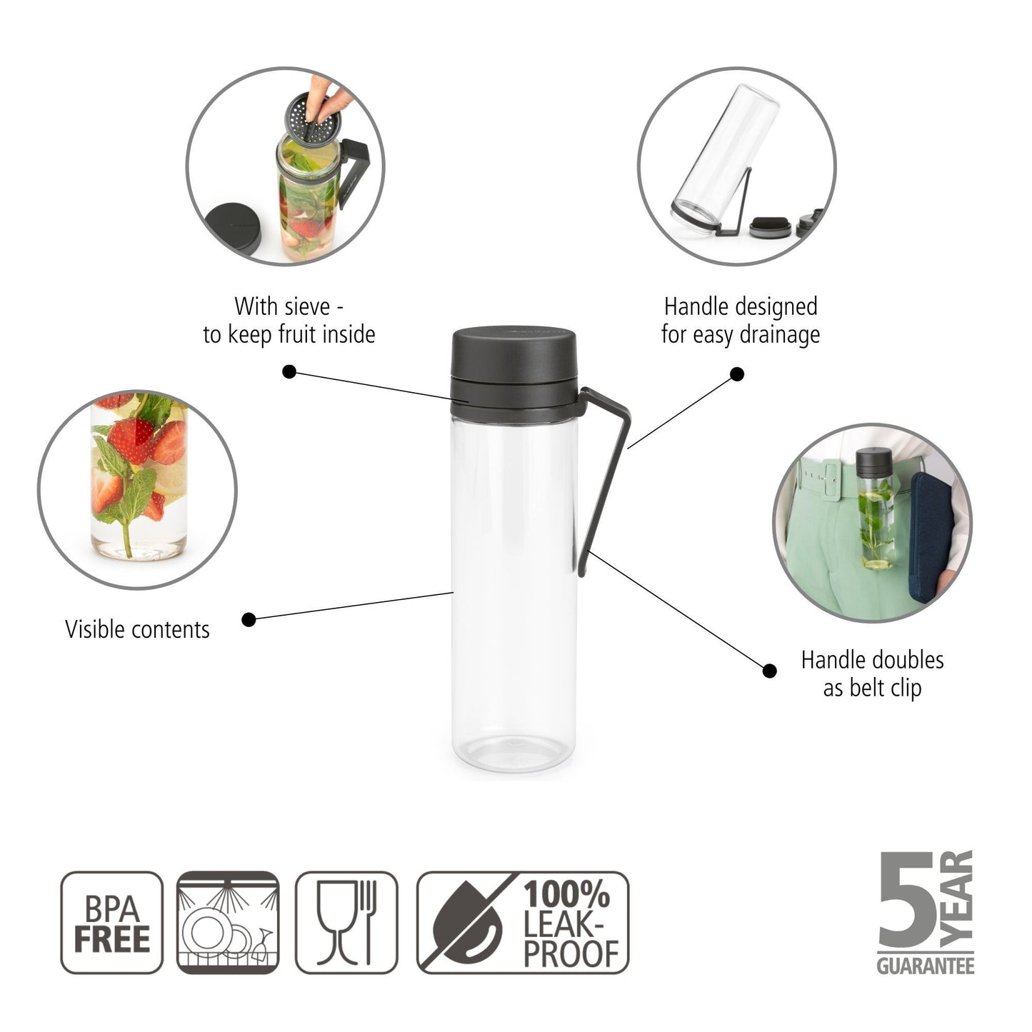 Make & Take Water Bottle with Strainer, 500ml - Dark Grey