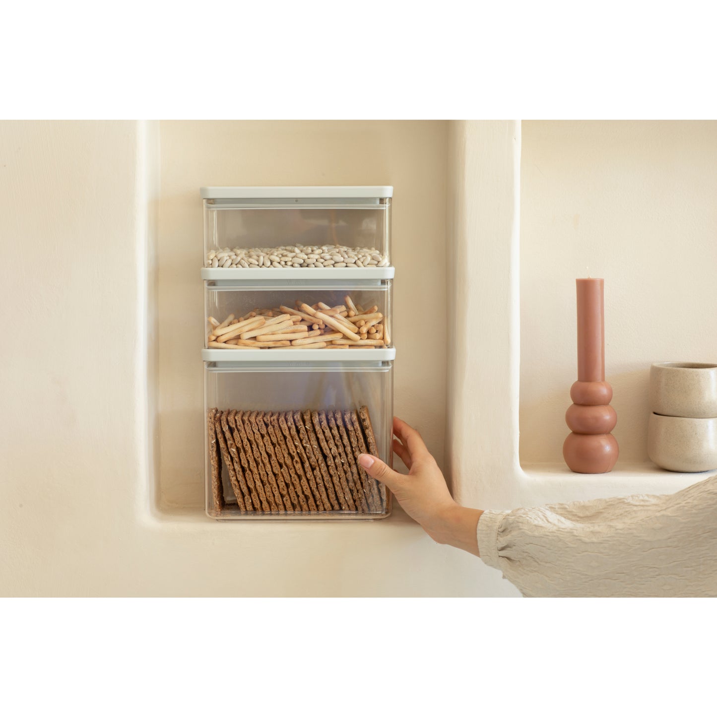 Tasty+ Stackable Canister, Set of 3 (2 x 1.5 litre and 1 x 3.5 litre) - Light Grey