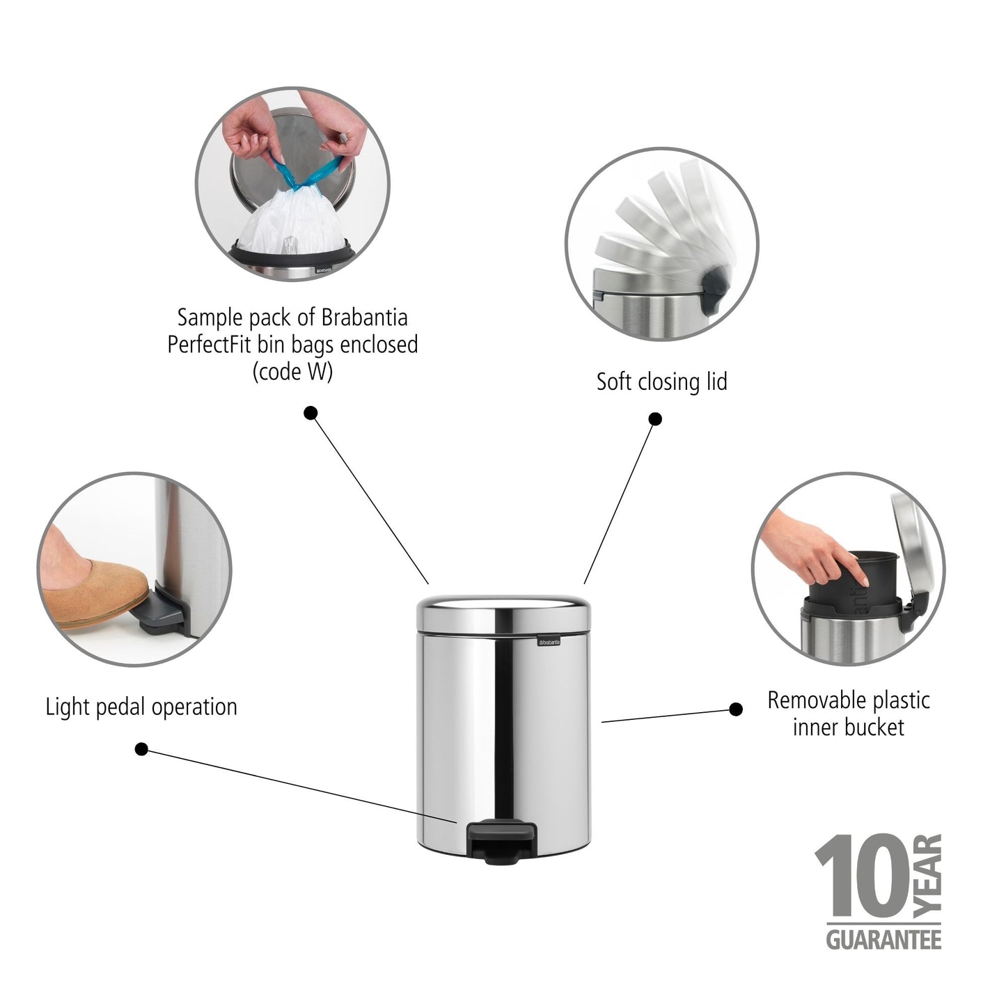 Pedal Bin NewIcon 5 Litre - Brilliant Steel