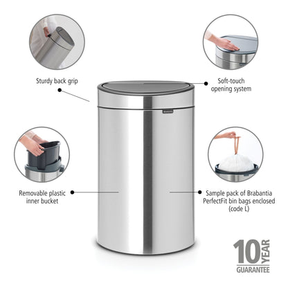 Touch Bin New 40 Litre - Fingerprint Proof Matt Steel