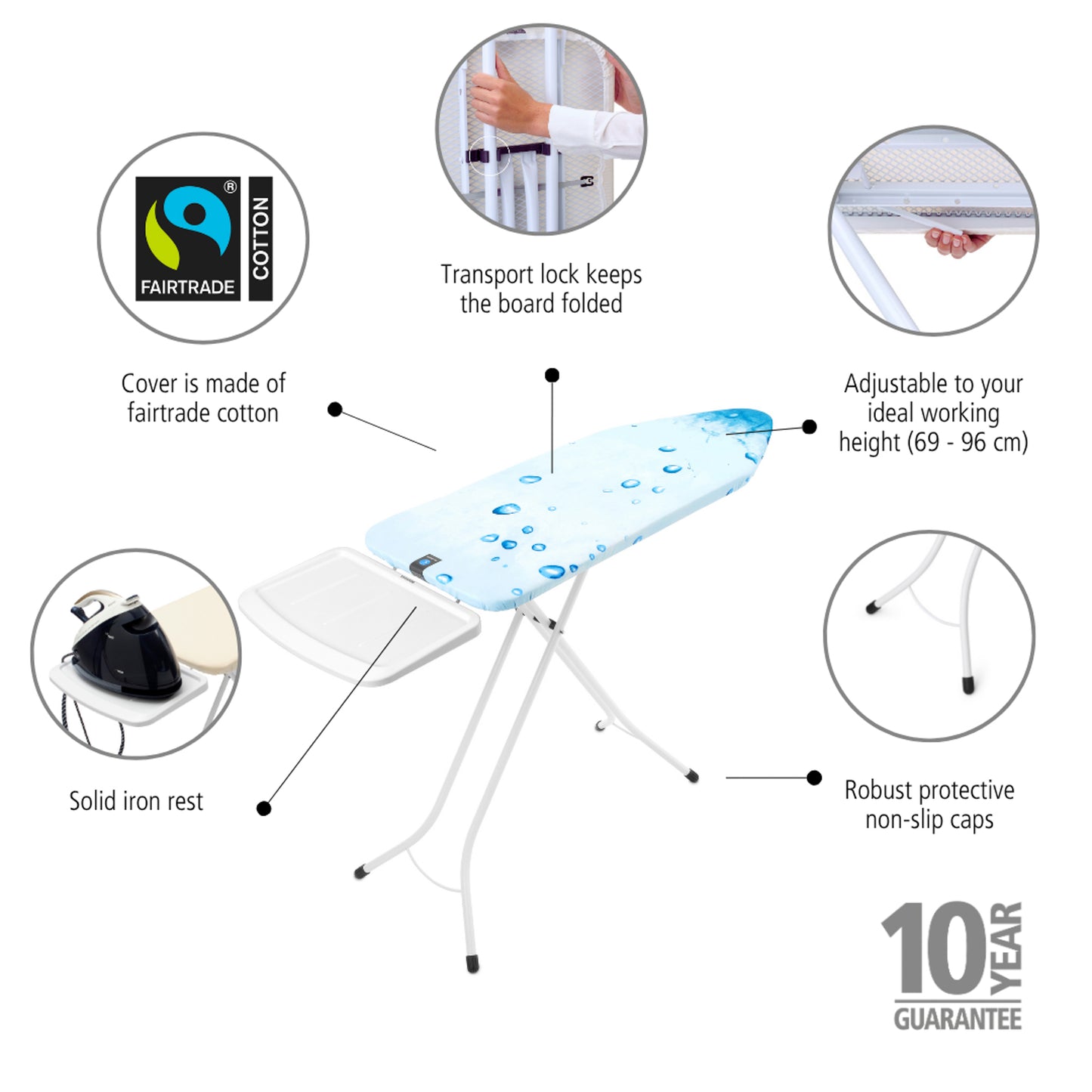 Ironing Board C, 124x45 cm, Solid Steam Unit Holder - Ice Water