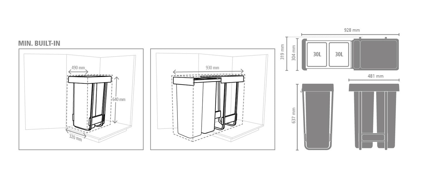 Sort & Go Built-In Waste Bin 2 x 30 litre - Dark Grey and Jade Green