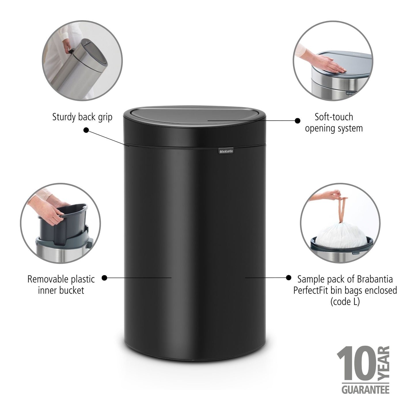 Touch Bin New 40 litre - Matt Black