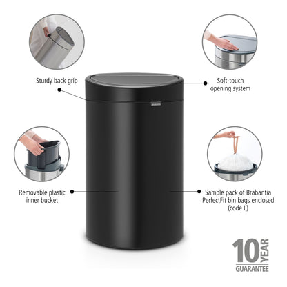 Touch Bin New 40 litre - Matt Black
