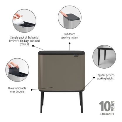 Bo Touch Bin 3 x 11 litre - Platinum