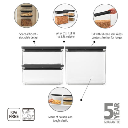 Tasty+ Stackable Canister, Set of 3 (2 x 1.5 litre and 1 x 3.5 litre) - Dark Grey