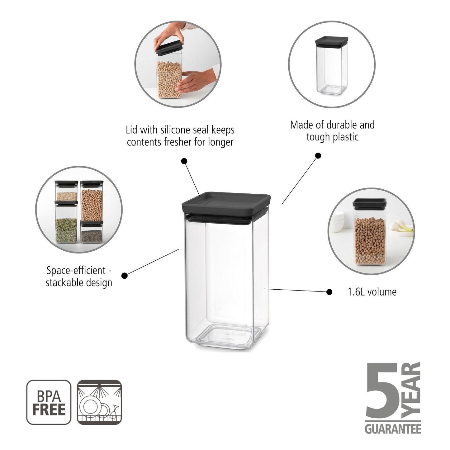 Tasty+ Square Canister 1.6 litre - Dark Grey Lid