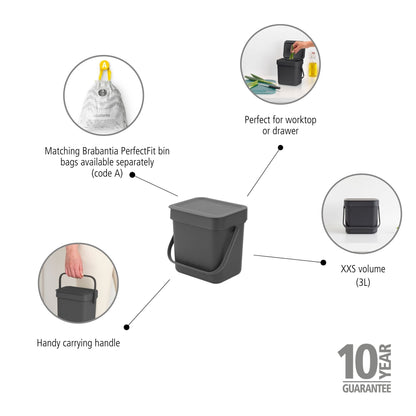 Sort & Go Waste Bin 3 litre - Grey