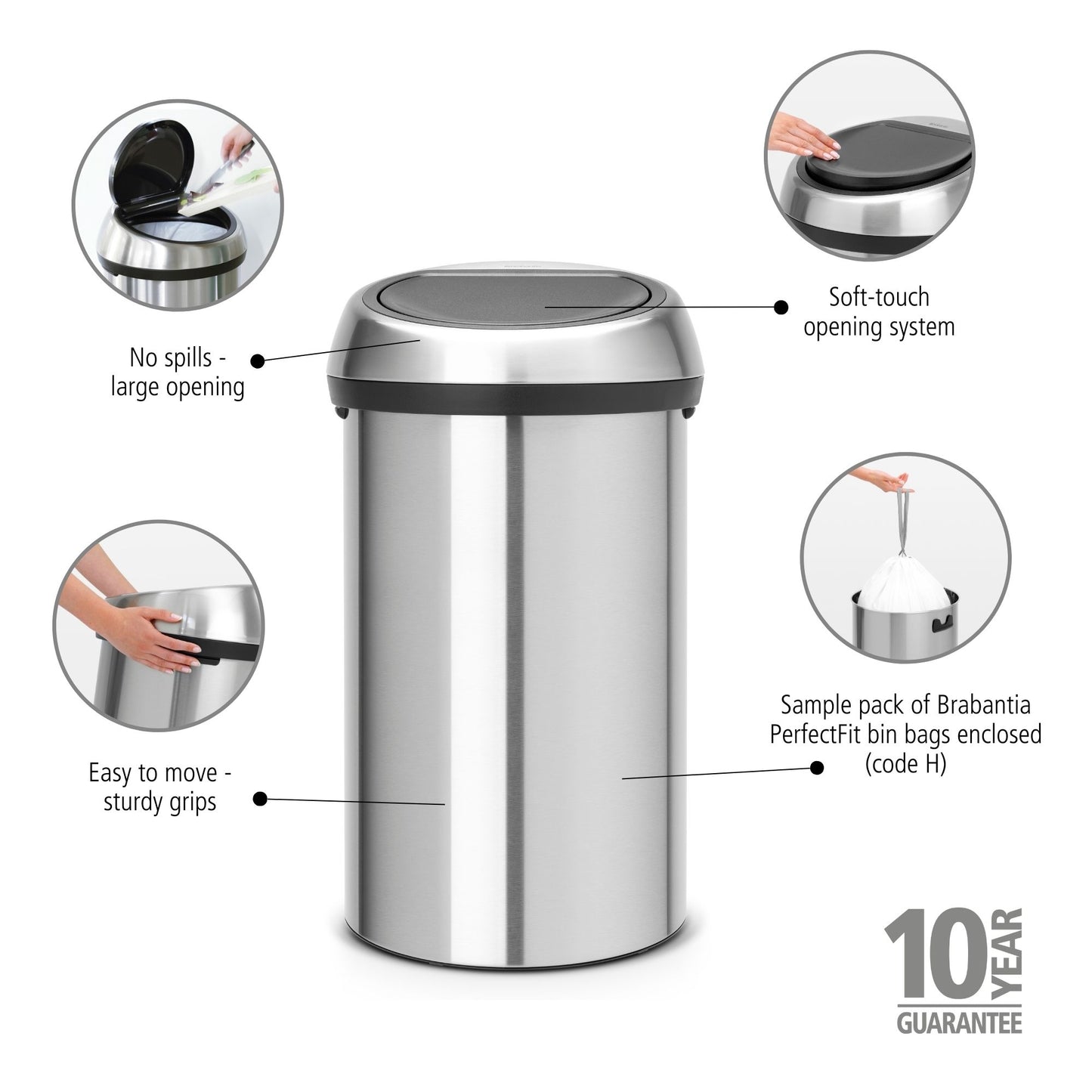 Touch Bin 60 Litre - Fingerprint Proof Matt Steel