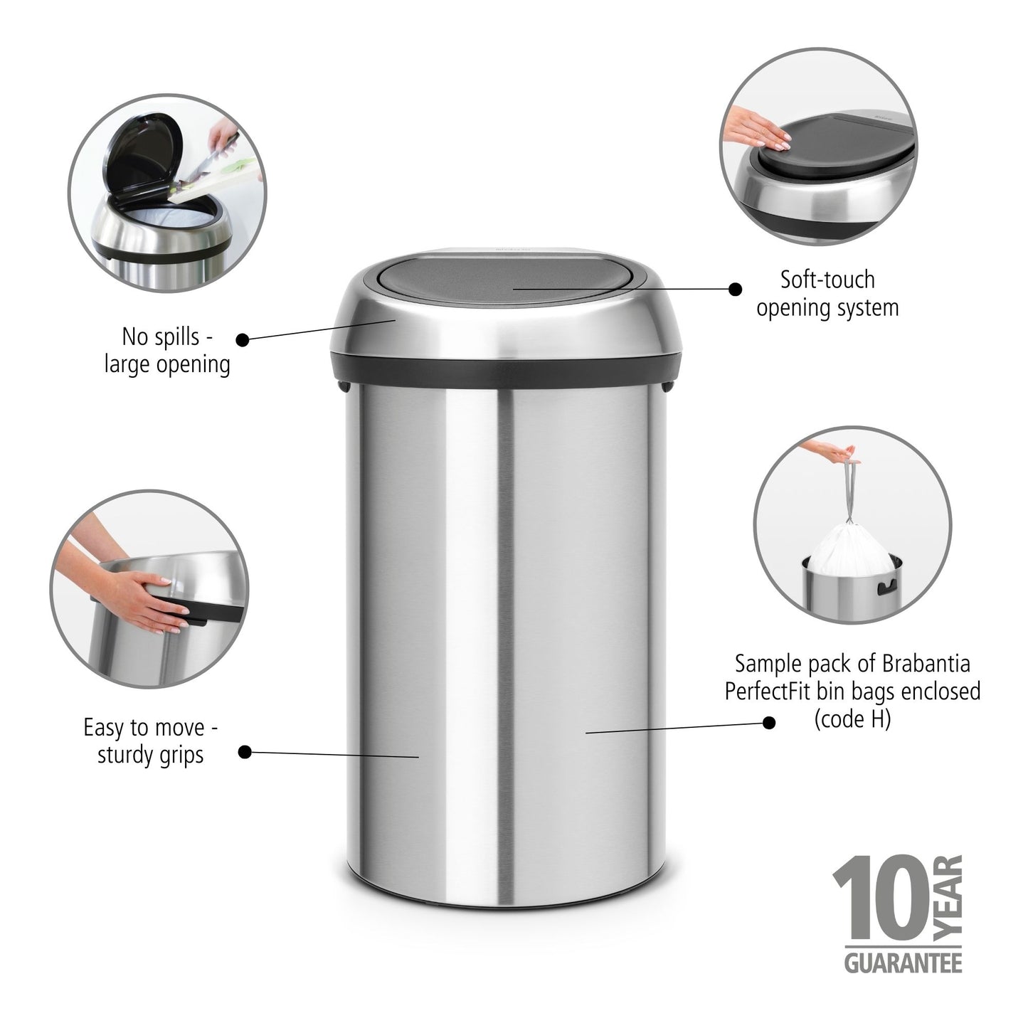 Touch Bin 60 Litre - Matt Steel