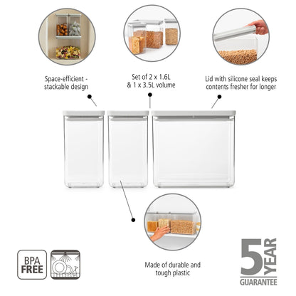 Tasty+ Stackable Canister, Set of 3 (2 x 1.6 litre and 1 x 3.5 litre) - Light Grey