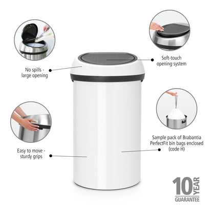 Touch Bin 60 litre - White / White Lid