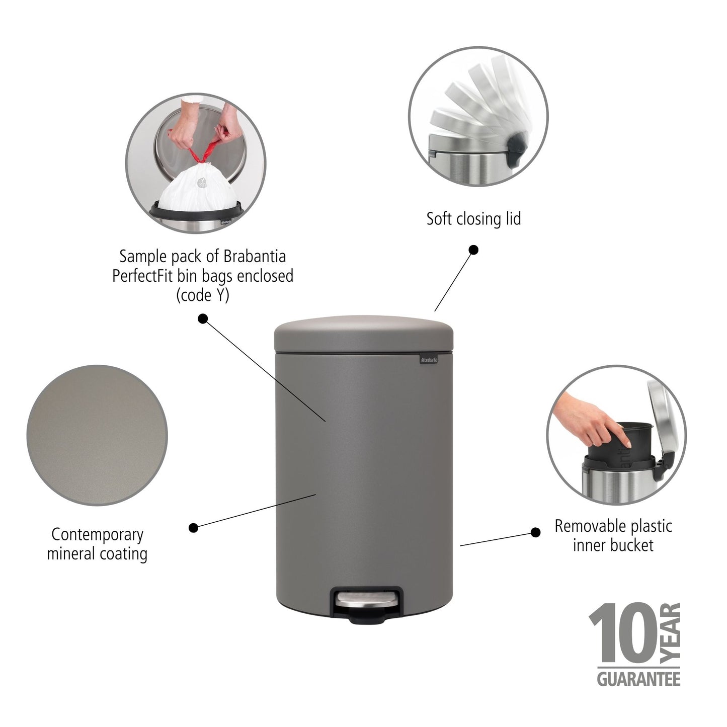 Pedal Bin NewIcon 20 Litre - Mineral Concrete Grey