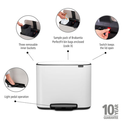 Bo Pedal Bin 3 x 11 Litre - White