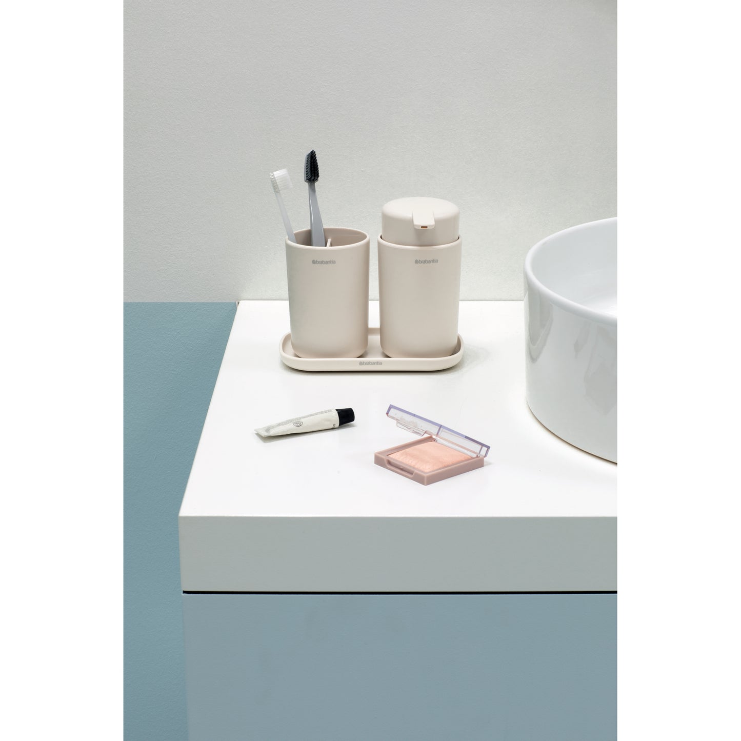 ReNew Bathroom Accessory Set - soap dispenser, toothbrush holder and tray - Soft Beige