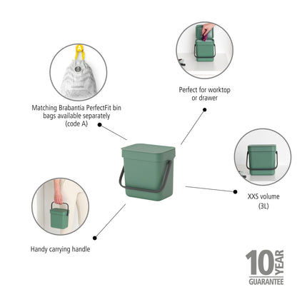 Sort & Go Waste Bin 3 litre - Fir Green