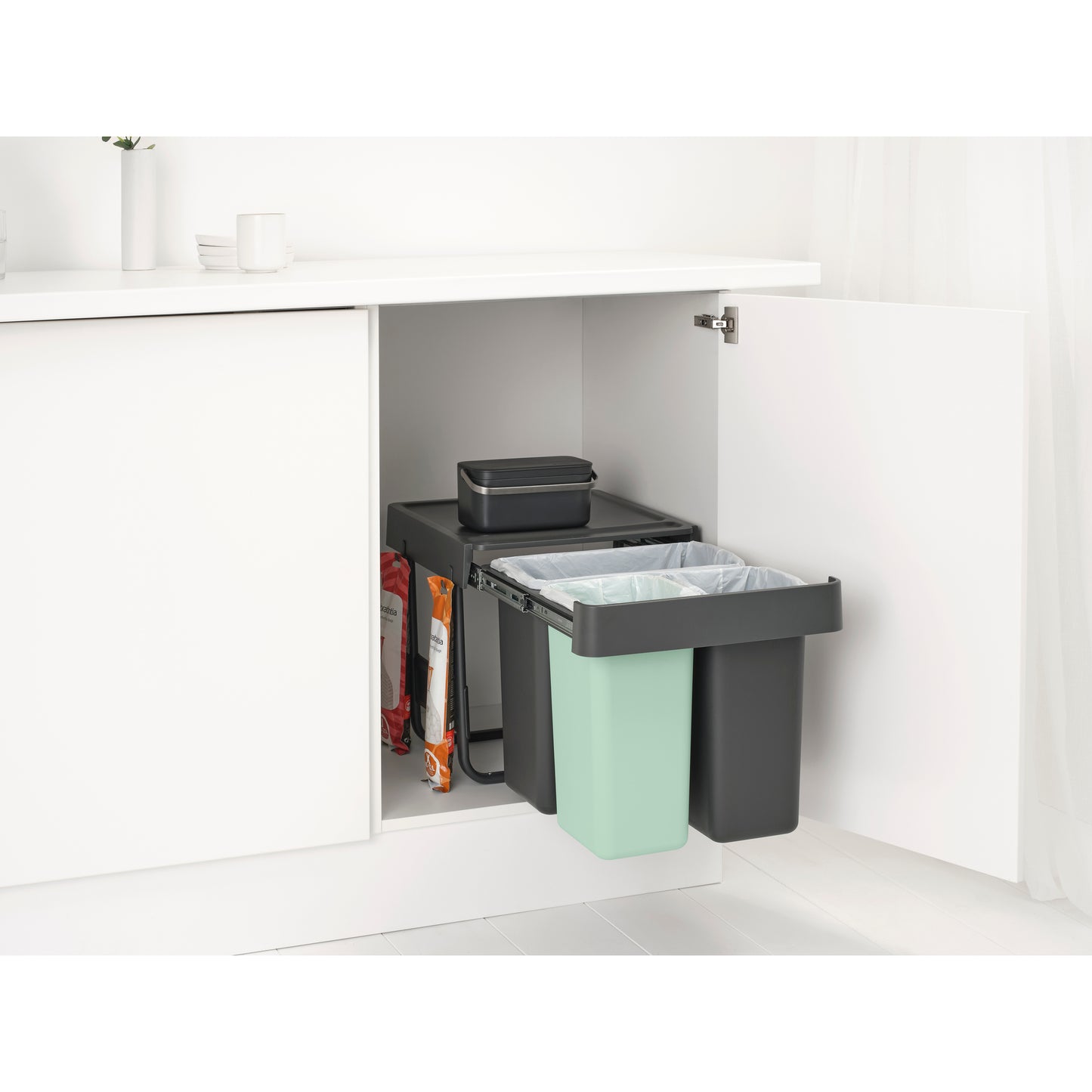 Sort & Go Built-In Waste Bin 10 + 10 + 20 litre - Dark Grey and Jade Green