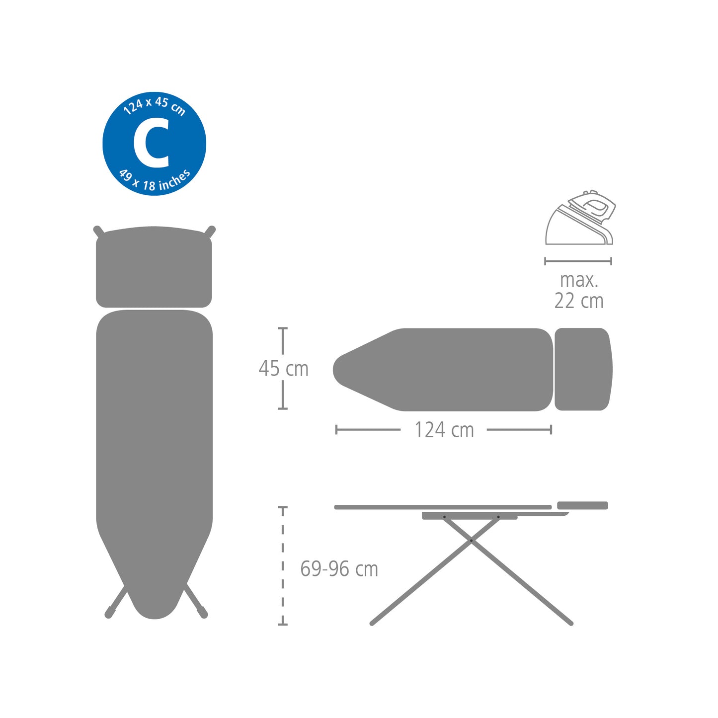 Ironing Board C 124x45 cm Solid Steam Unit Holder - Denim Blue