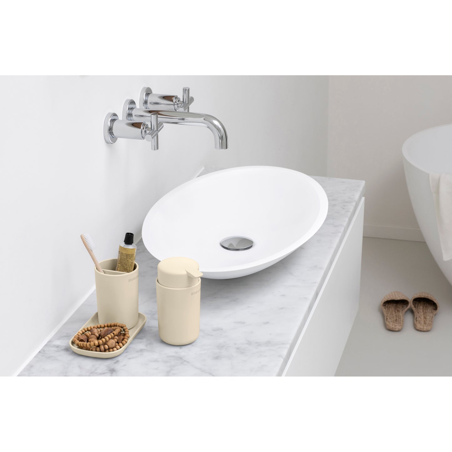 ReNew Bathroom Accessory Set - soap dispenser, toothbrush holder and tray - Soft Beige